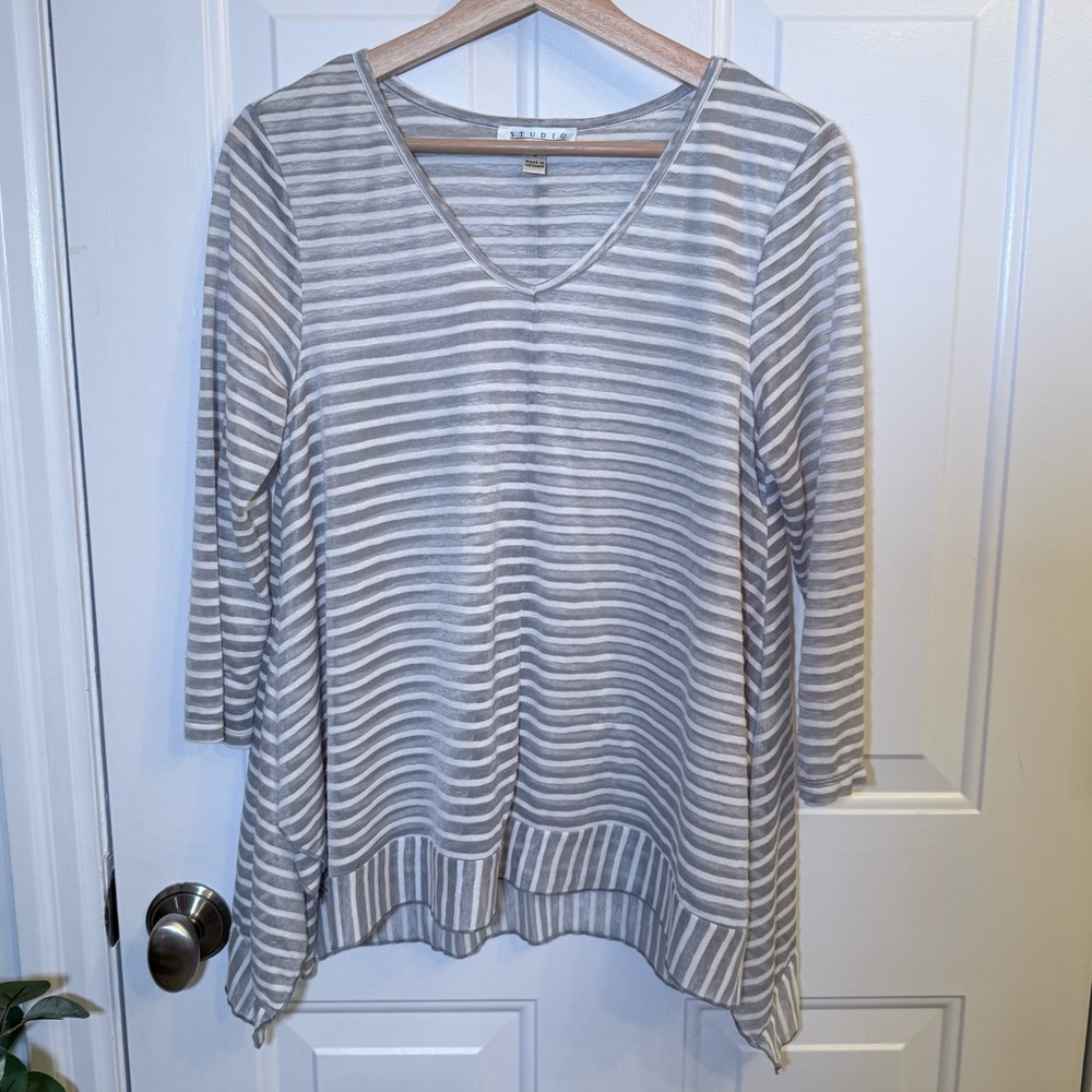 Elegant Gray Striped V-Neck Blouse